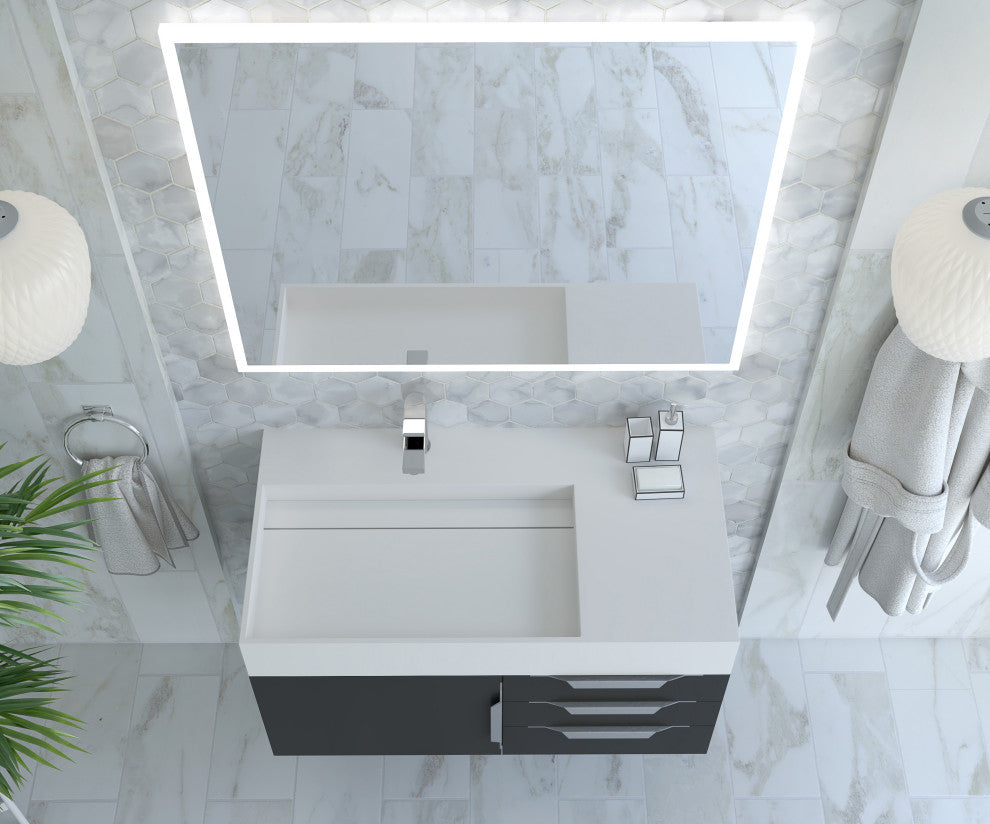 CastelloUSA Amazon 36" Wall Mount Vanity Set, Black, White Top, Chrome Handles
