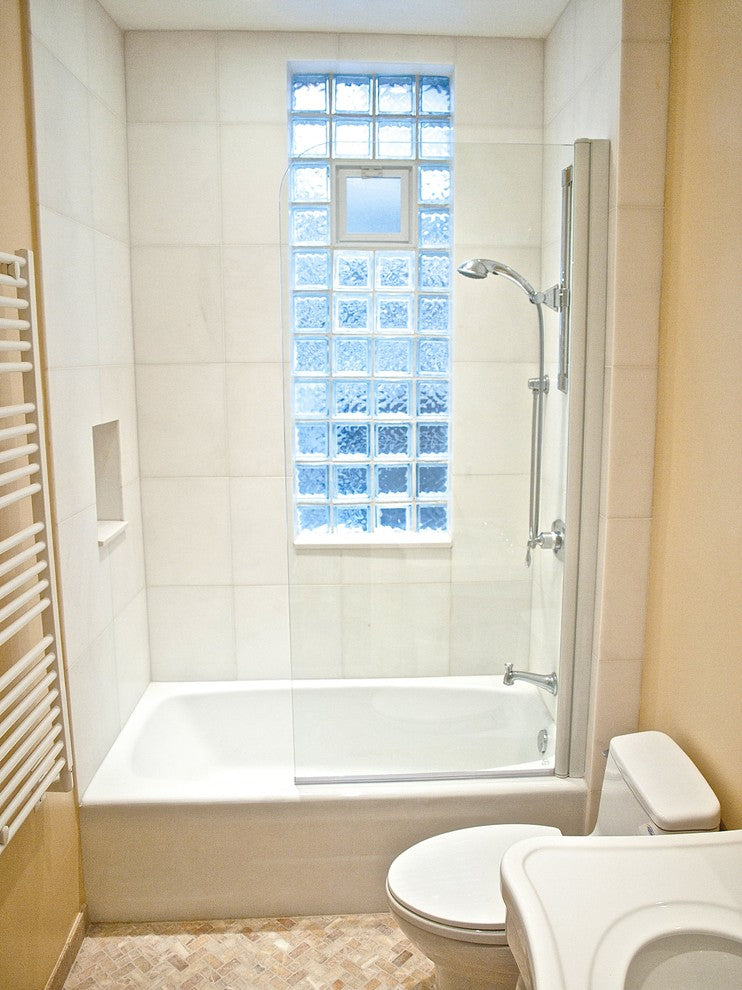 70"x30" Semi-Frameless Glass Shower Door, Polished Silver Pivot, Round Corner