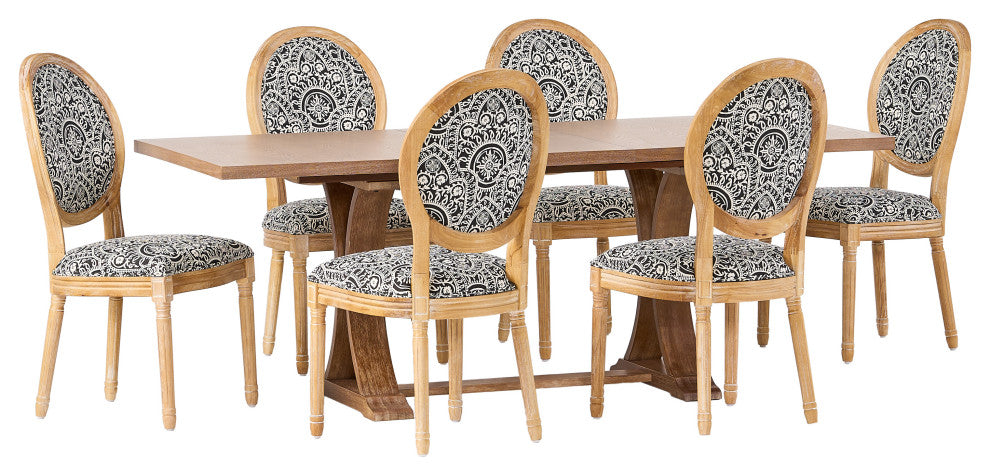 Dason French Country Fabric Upholstered Wood 7-Piece Dining Set, Black and White Print/Natural