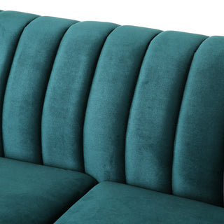 Bauman Modern Glam Channel Stitch Loveseat with Nailhead Trim, Teal + Dark Brown, Velvet