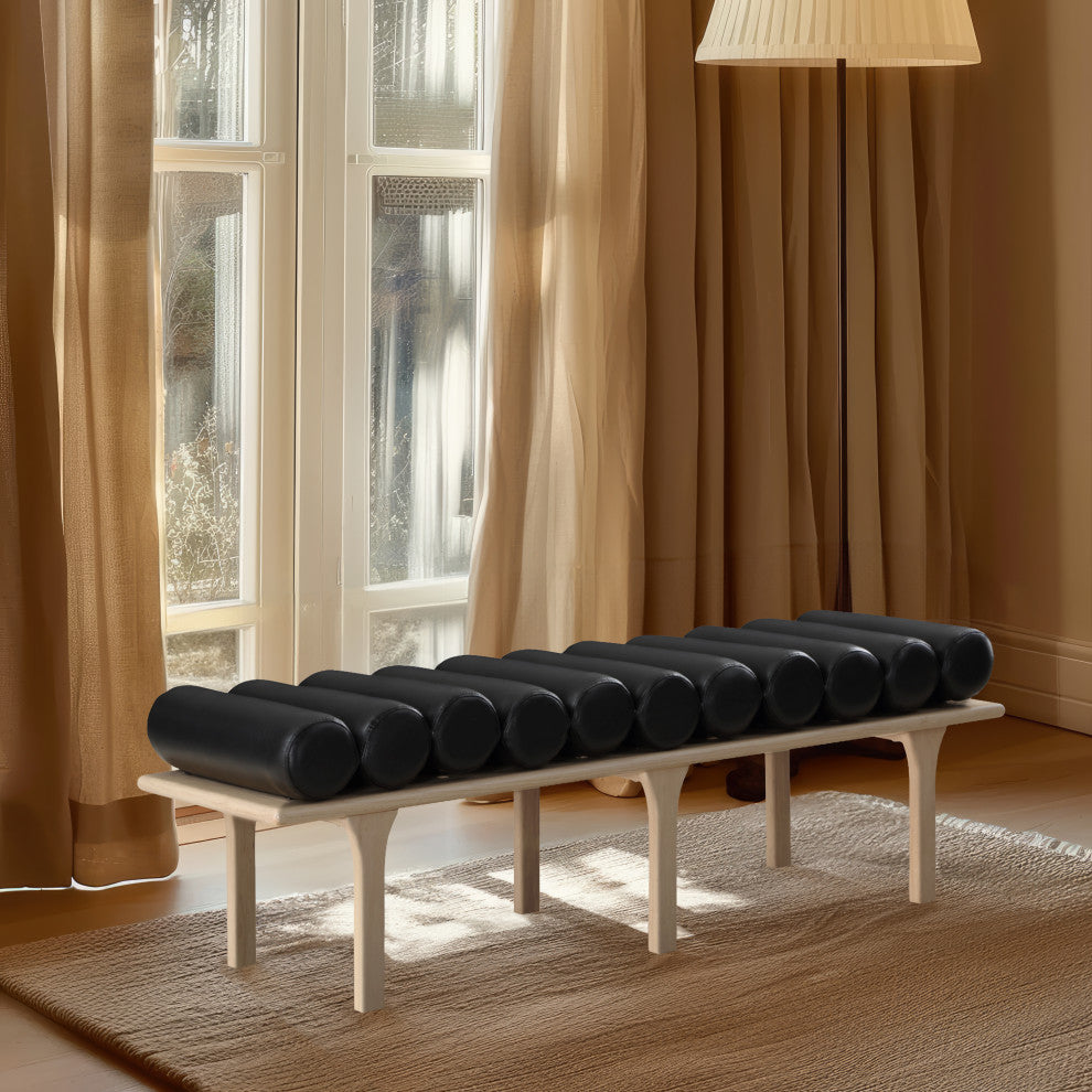 Landon Faux Leather Bench, Black, Natural Oak Finish