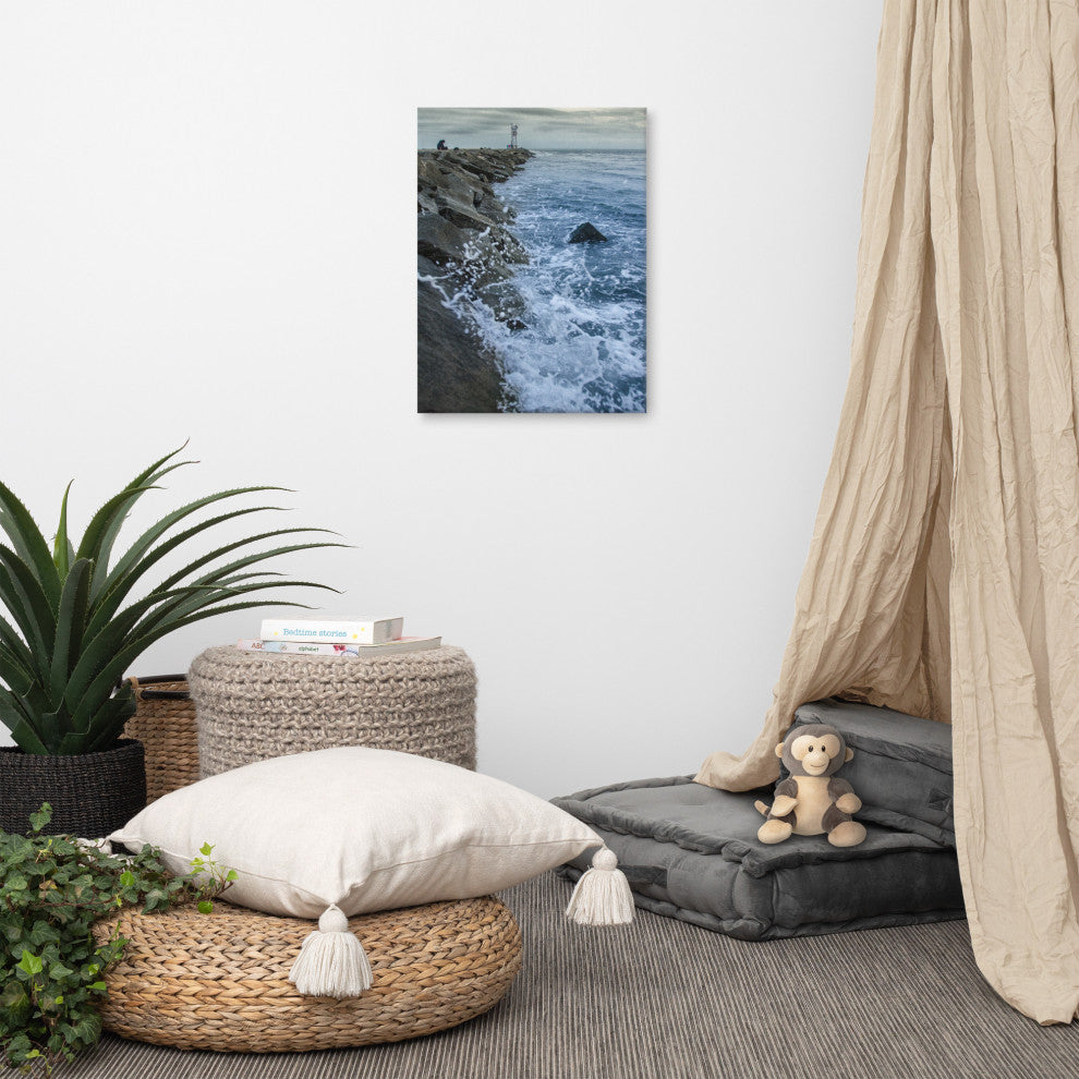 Splashing on the Jetty Coastal Landscape Photo Canvas Wall Art Print, 18" X 24"