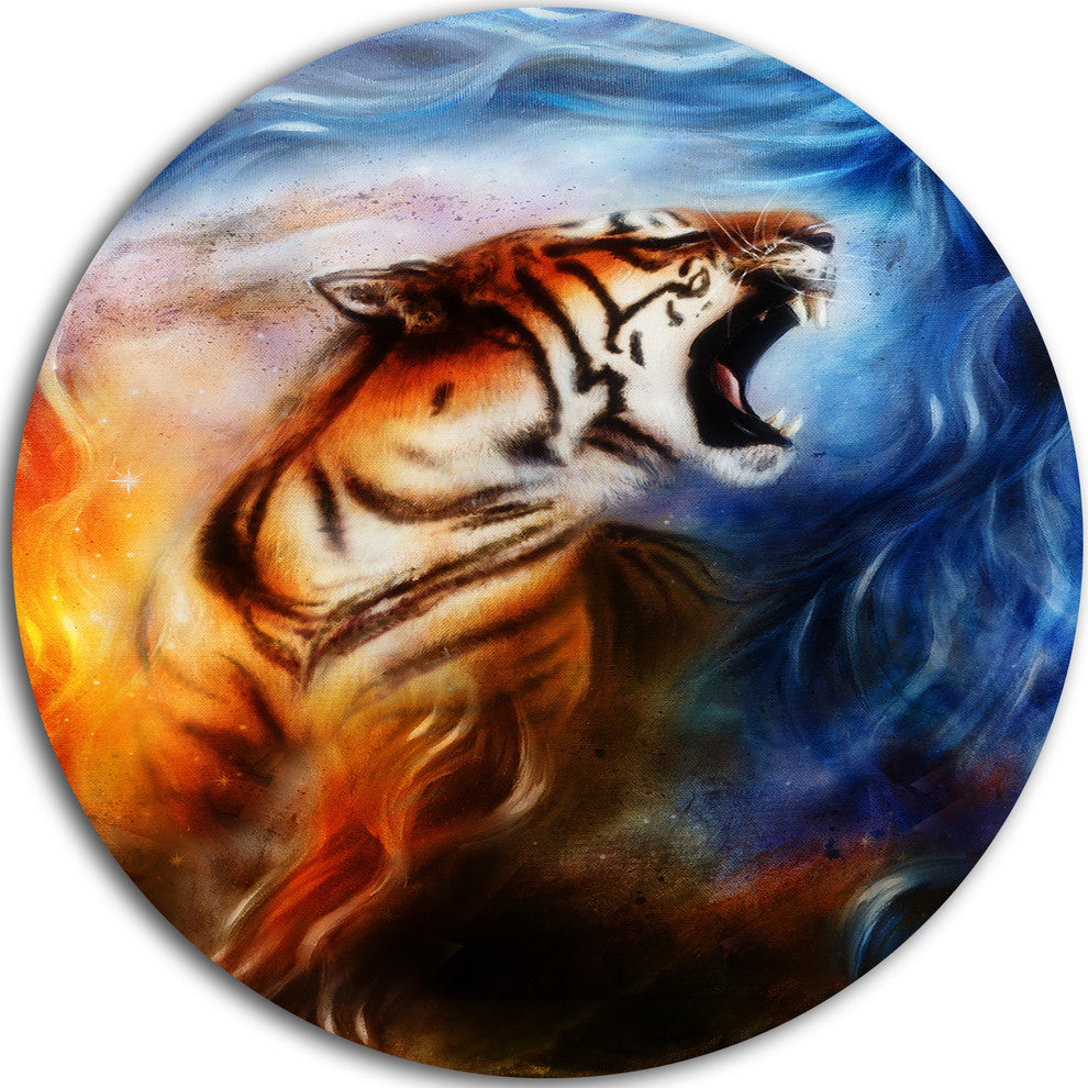 Gentle Tiger Portrait Collage, Animal Digital Art Round Wall Art, 23"