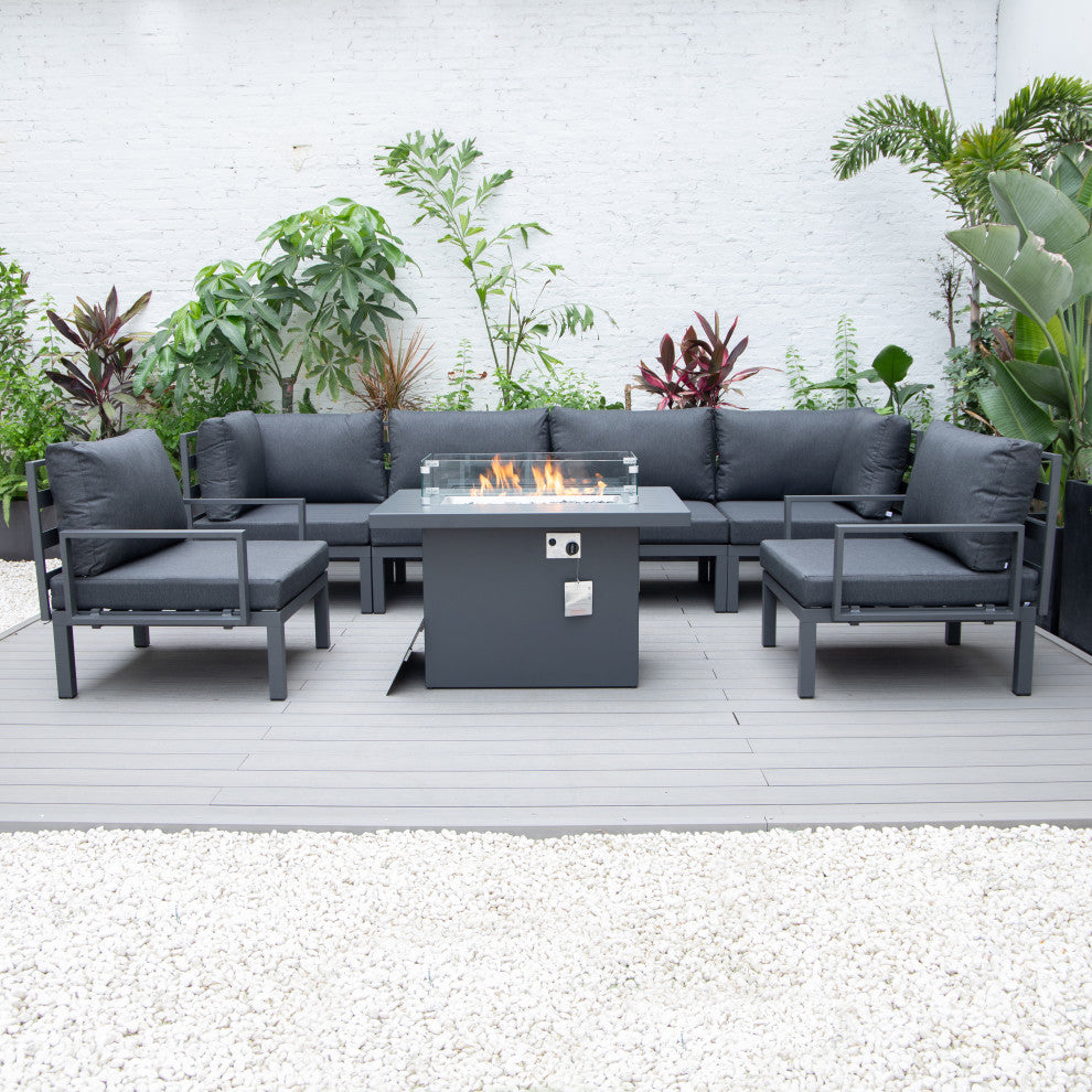 LeisureMod HSFBL-7BL Hamilton 7-Pcs Conversation Set Fire Pit Table&Cushions
