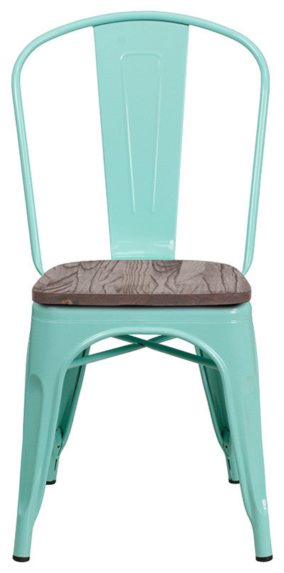 Mint Green Metal Stackable Chair With Wood Seat