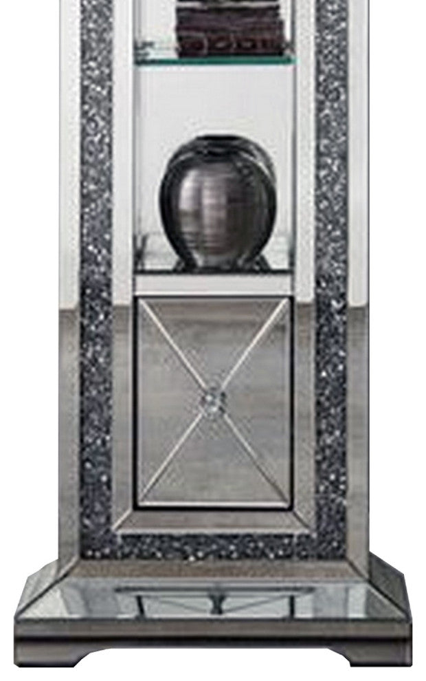 Benzara BM269095 Mirrored Grandfather Clock, 1 Drawer and Faux Diamonds, Silver