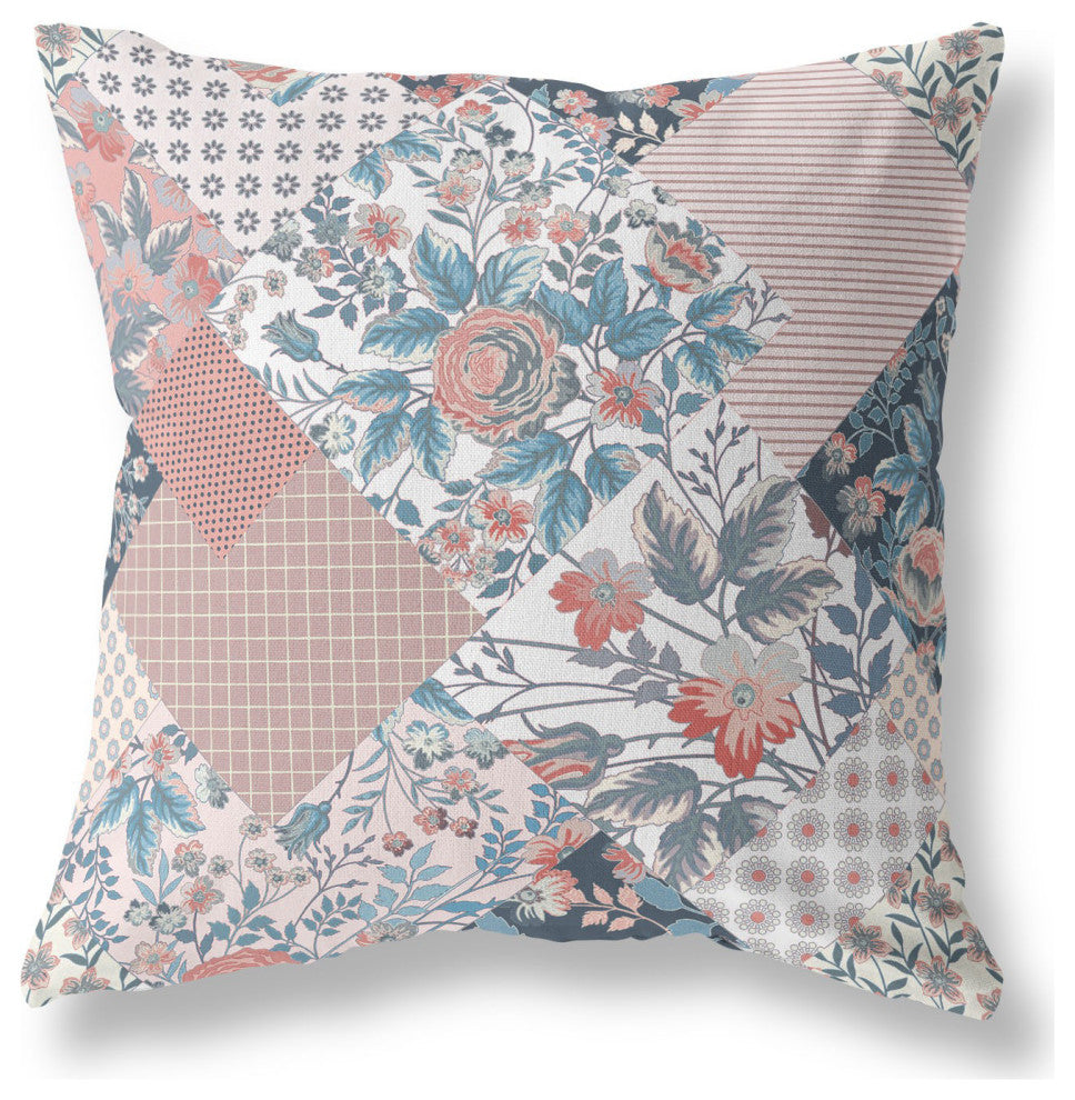 28" Pink Blue Boho Floral Indoor Outdoor Throw Pillow