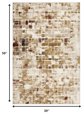 3"x5" Brown Beige Abstract Tiles Distressed Area Rug