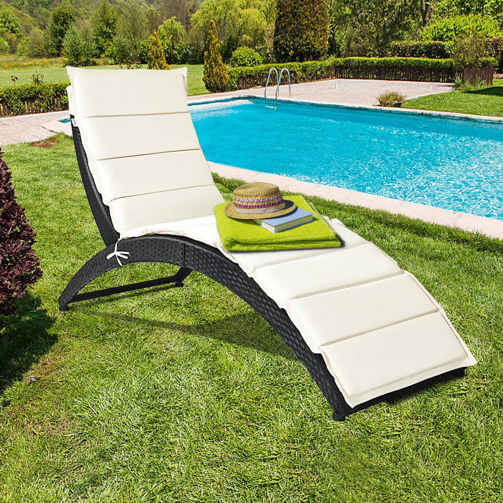 Costway Folding Patio Rattan Lounge Chair Chaise Cushioned Garden Lawn Black