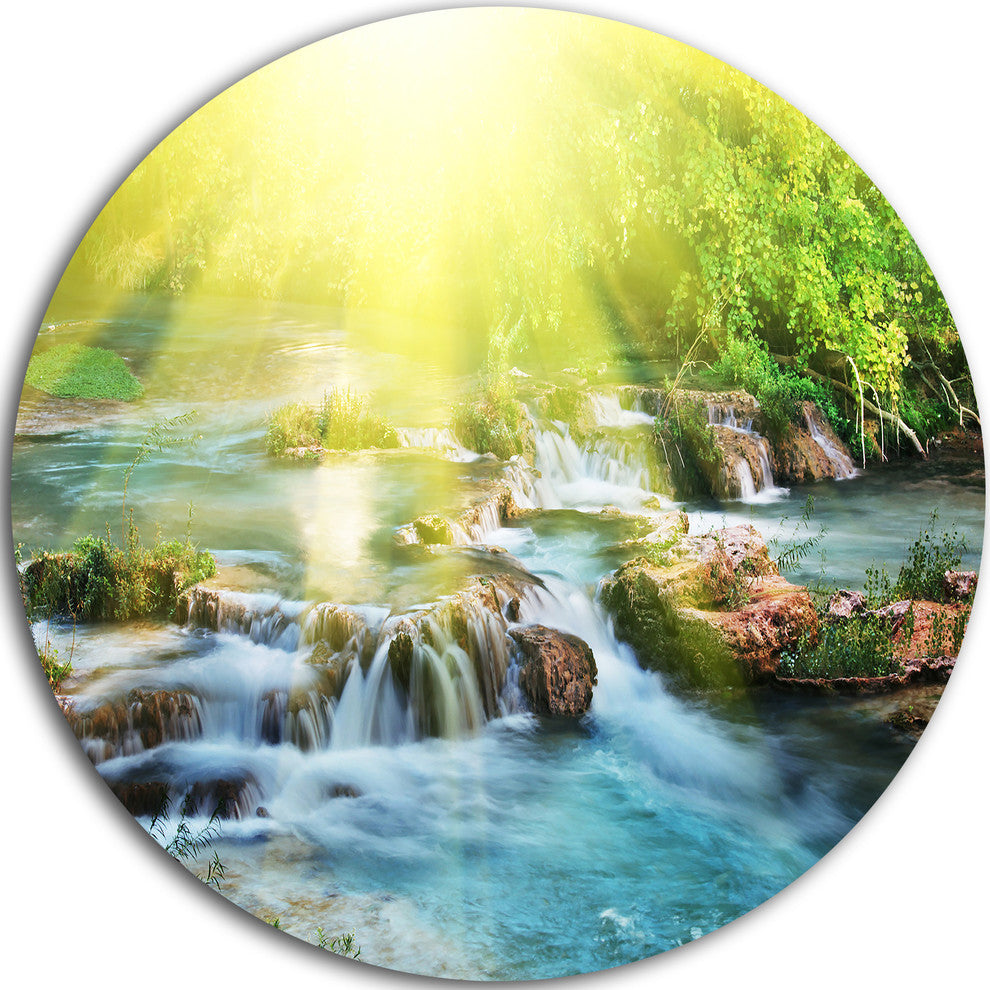 Water Cascade Under Shiny Sun, Modern Beach Disc Metal Artwork, 23"
