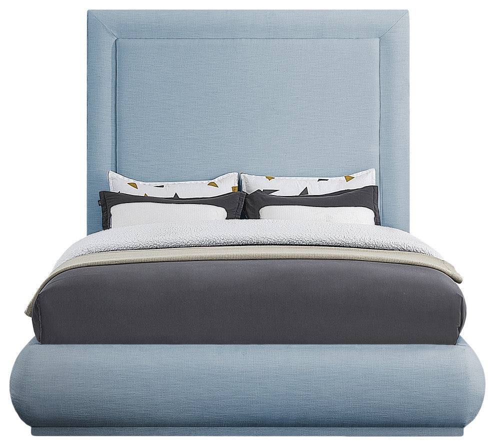 Brooke Linen Textured Fabric Upholstered Bed, Sky Blue, Queen