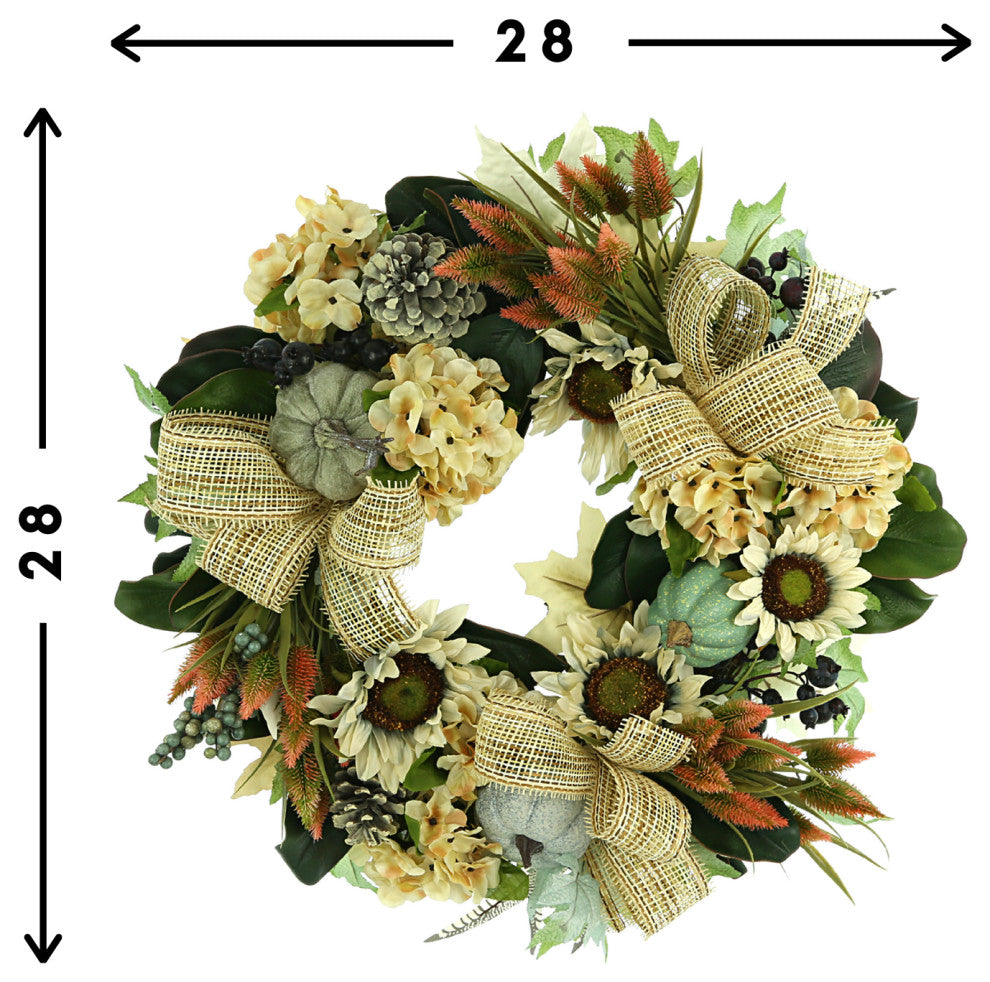 28" Fall Wreath with Sunflowers, Hydrangeas and Thistle