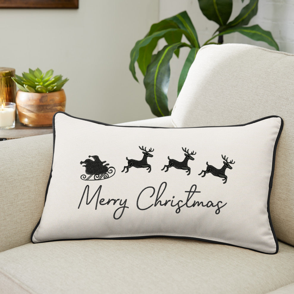Merry Christmas Reindeer Sunbrella Canvas Natural/Black Outdoor Pillow, 13x20