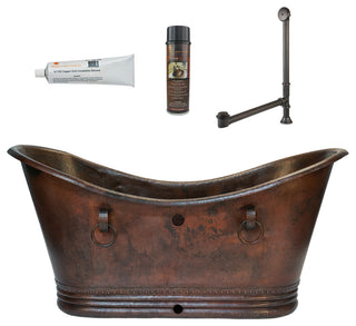 72" Hammered Copper Double Slipper Bathtub, Rings, Overflow Holes & Drain