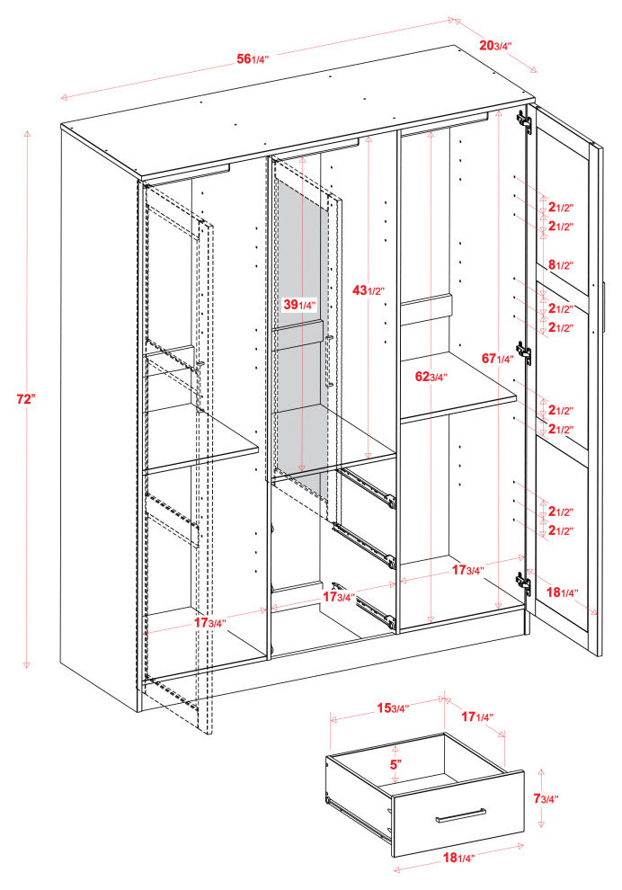 100% Solid Wood Cosmo 3-Door Wardrobe/Armoire, 2 Shelves, Black-Raised Panel