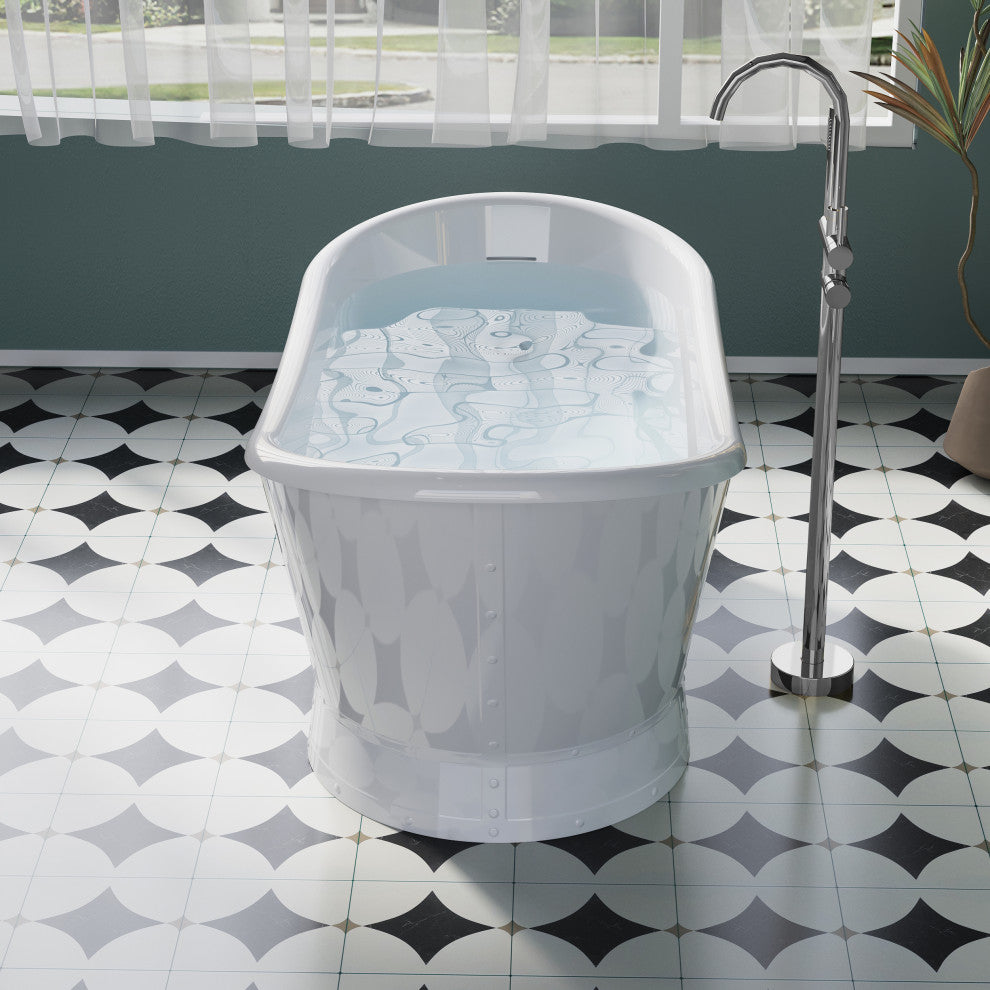 66" 100% Acrylic Freestanding Soaking Bathtub with Drain and Overflow, White, White