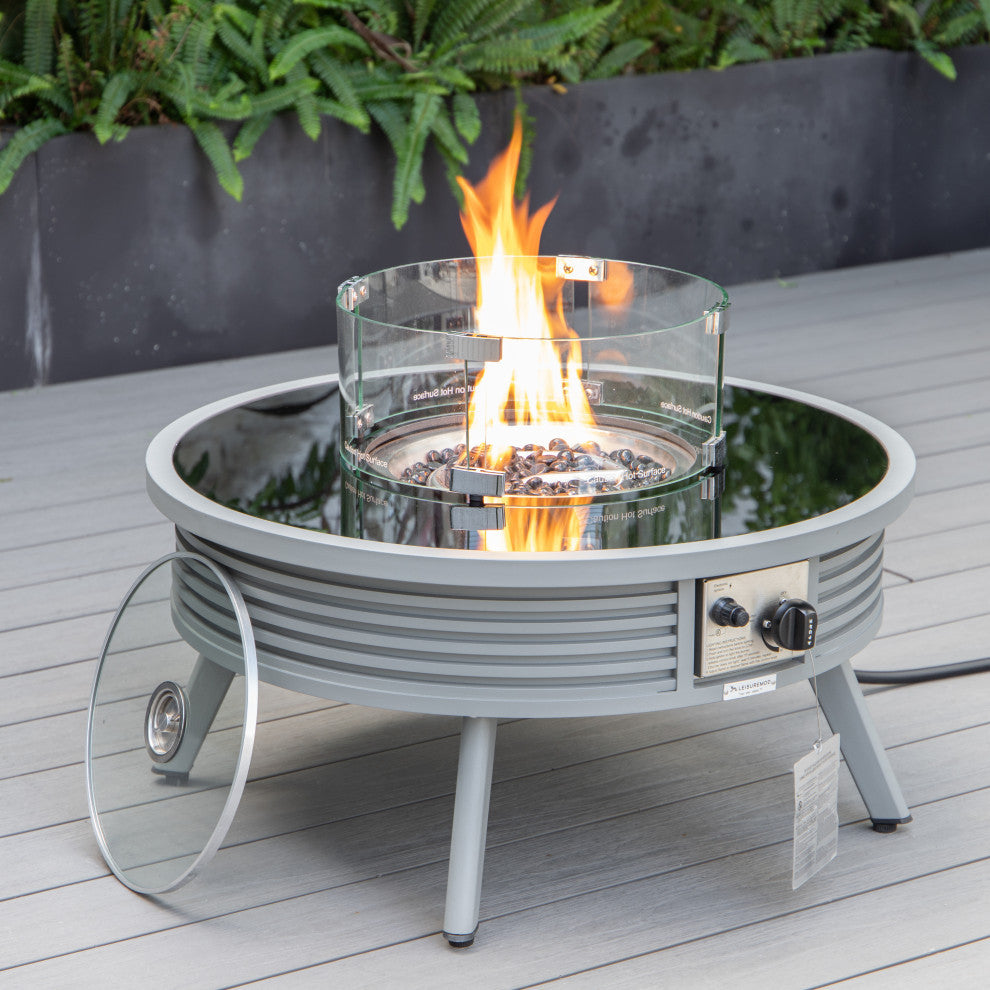 LeisureMod Walbrooke Patio Sofa Set With Round Fire Pit Table, Charcoal