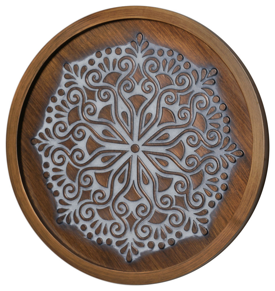American Art Decor Boho Rustic Farmhouse Wood Framed Wall Medallion Brown, White