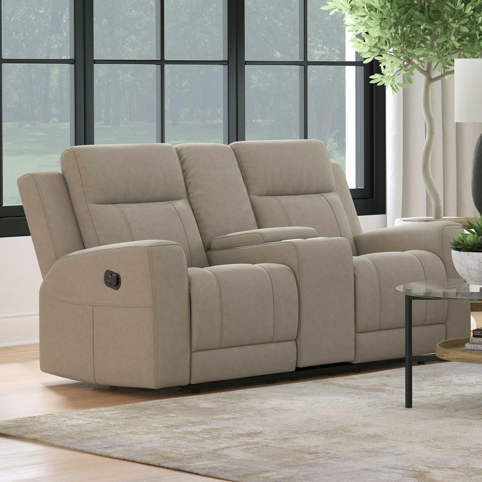 Leatherette Manual Motion Reclining Loveseat With Cup Holders, Taupe