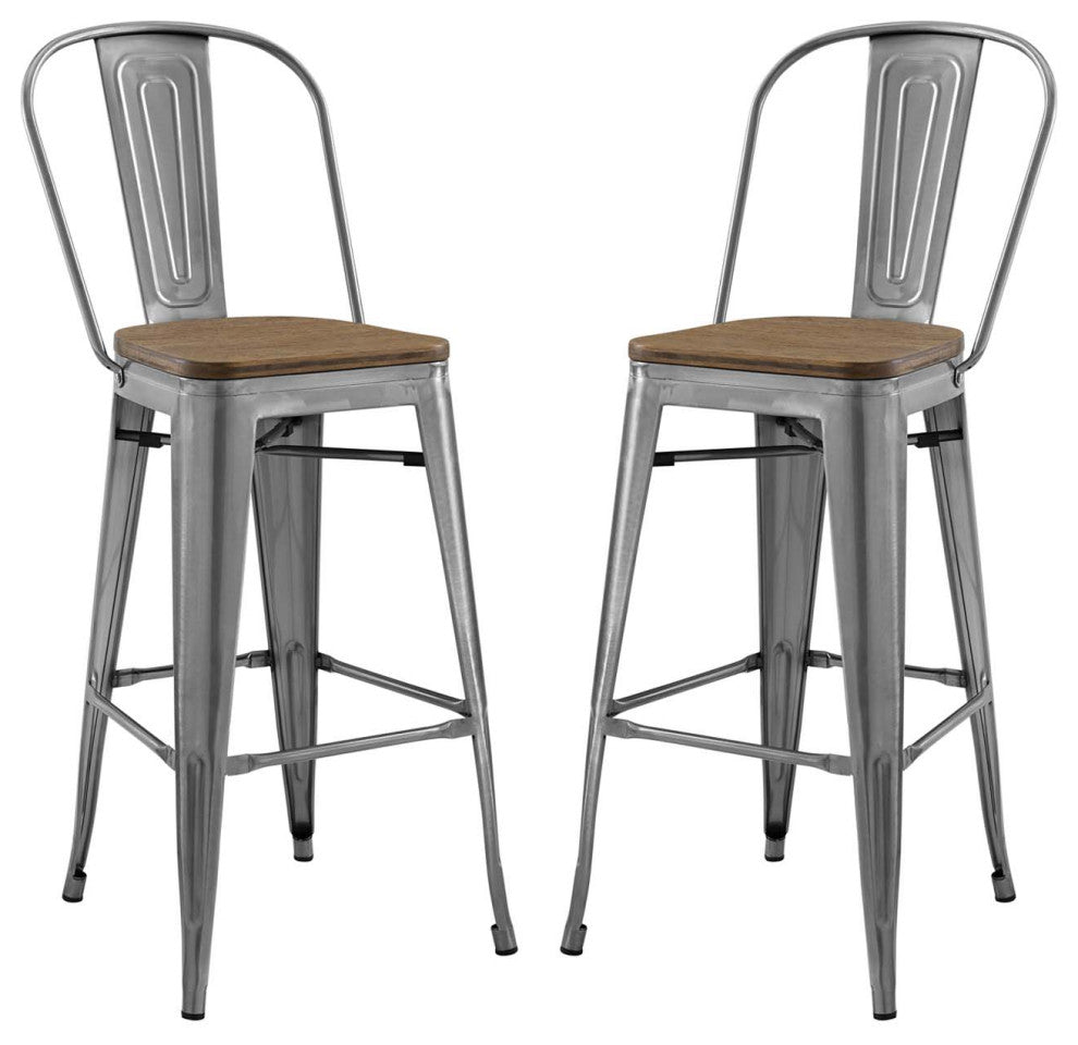 Bar Stool Chair Barstool, Set of 2, Wood, Gunmetal Silver, Bar Pub Cafe Bistro