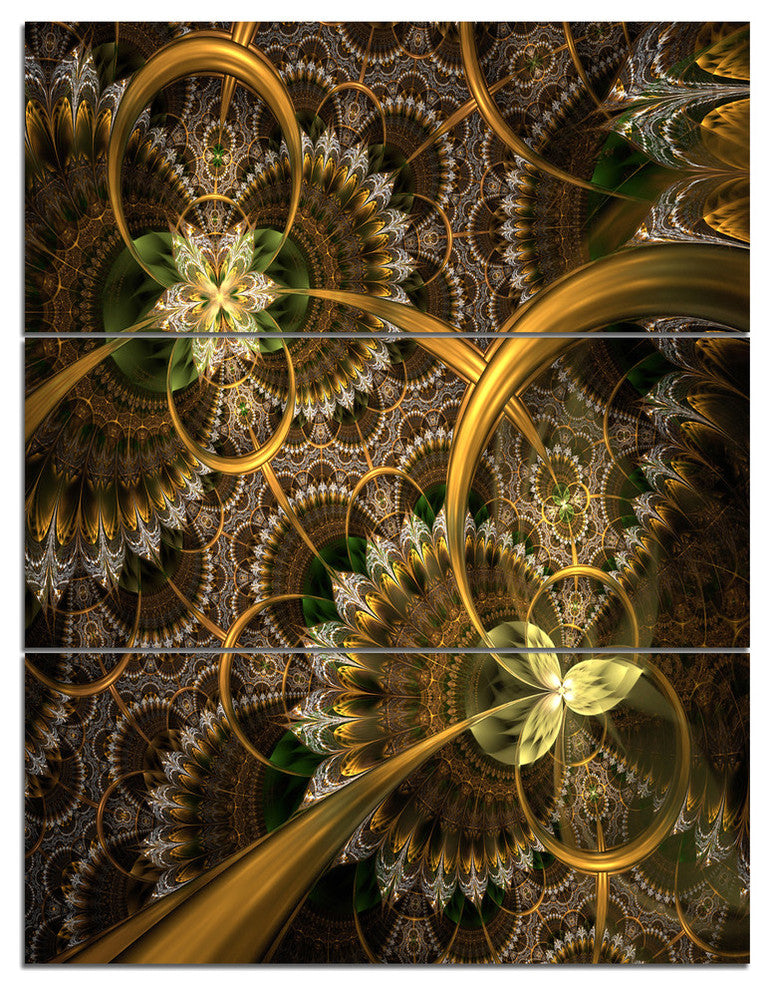 "Dark Green Gold Digital Fractal Flower" Metal Wall Art, 3 Panels, 28"x36"