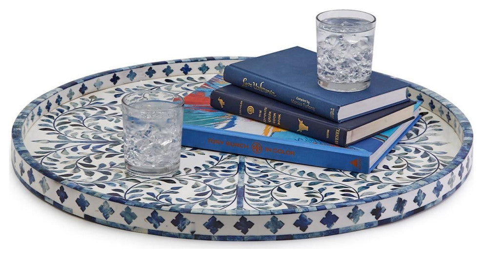 Two's Company Jaipur Palace Blue and White Inlaid Decorative Round Serving Tray