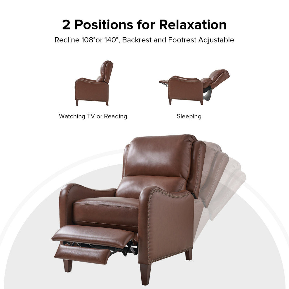 Genuine Leather  Push back Recliner With Wingback, Brown