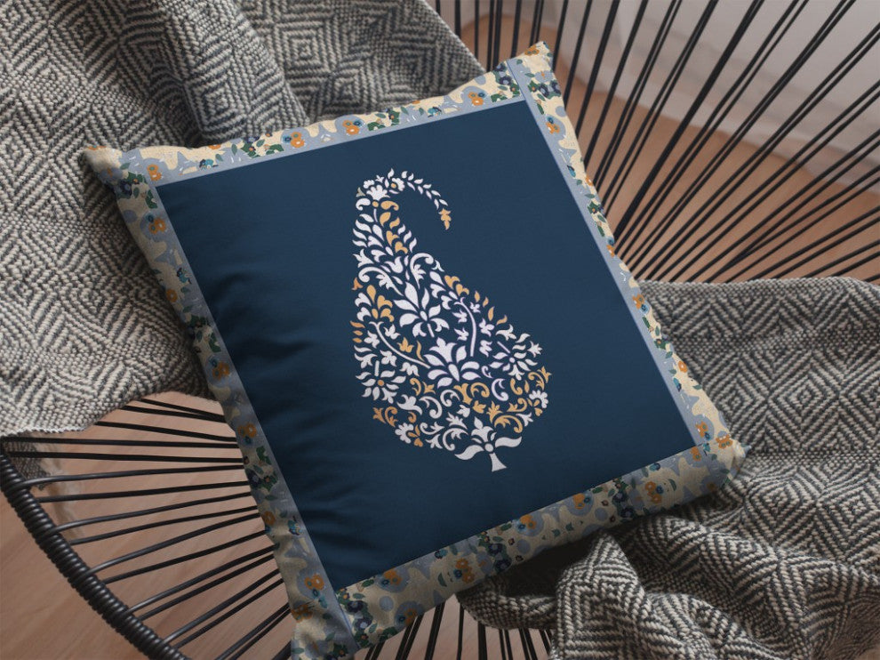 20 Orange Navy Paisley Suede Decorative Throw Pillow
