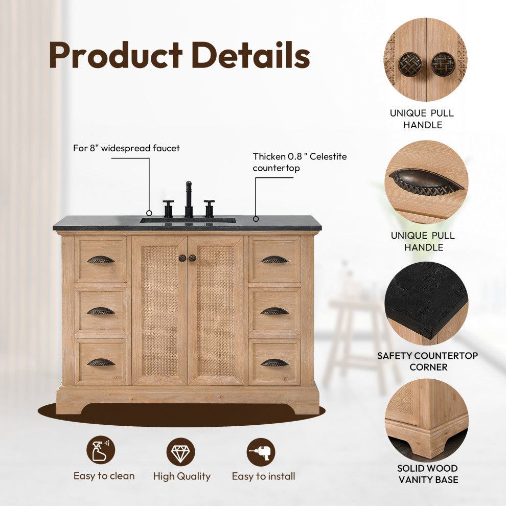 Hervas Bath Vanity, Fir Wood Brown, 48in., Celestite Marble Top, No Mirror