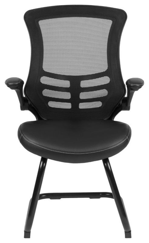 Black Mesh Sled Base Side Chair-White Stitched LeatherSoft Seat & Flip-Up Arms