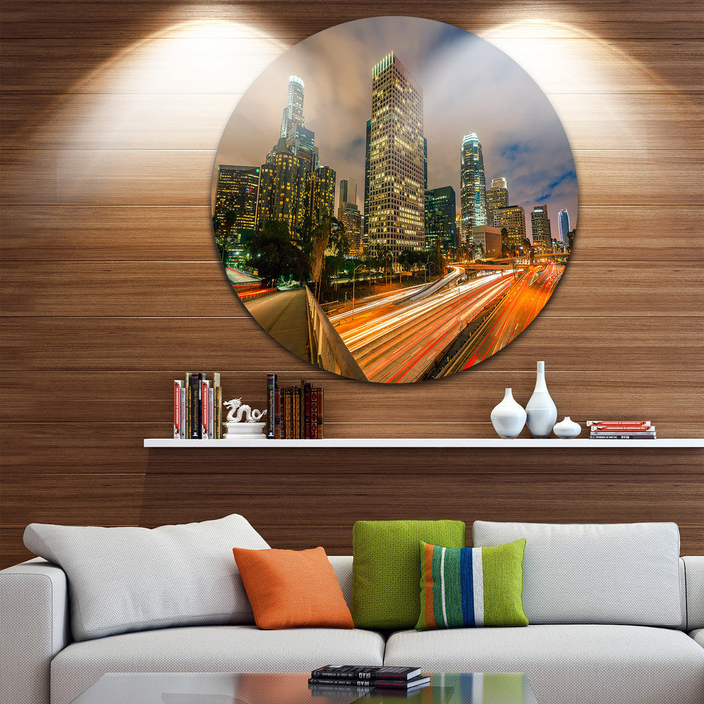 Los Angeles Yellow Skyline Night, Cityscape Disc Metal Wall Art, 11"