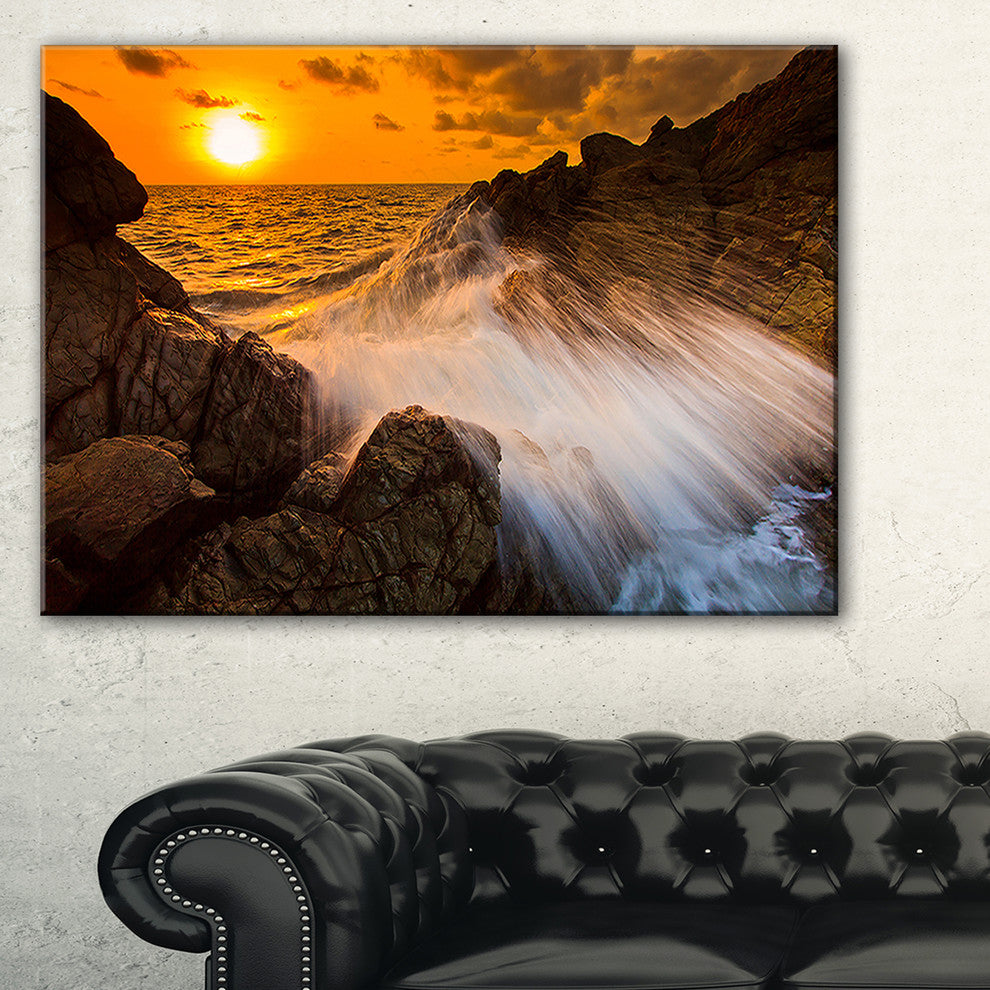 "Sunset Sea Wave Impact Rocks At Sunset"  Seascape Art Canvas, 40"x20"