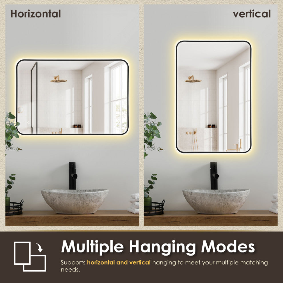 Dazzle Rectangular Bathroom/Vanity LED Lighted Wall Mirror, Matte Black, 24"