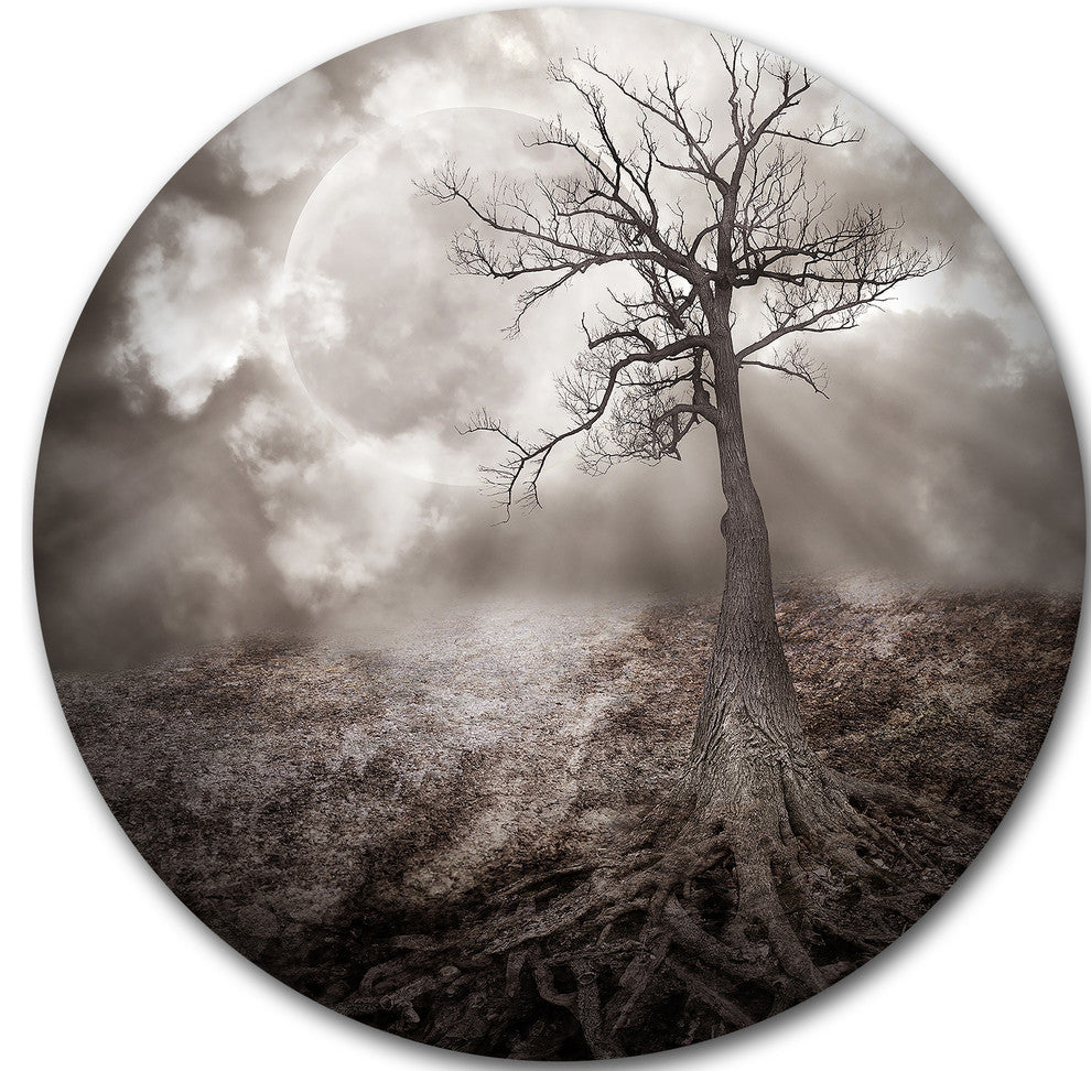 Lonely Tree Holding The Moon, Landscape Art Disc Metal Wall Art, 11"