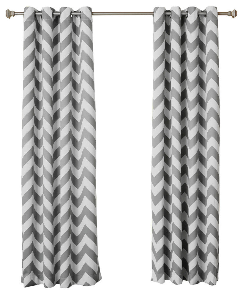 Chevron Print Grommet Curtains, Pair, Gray, 108"