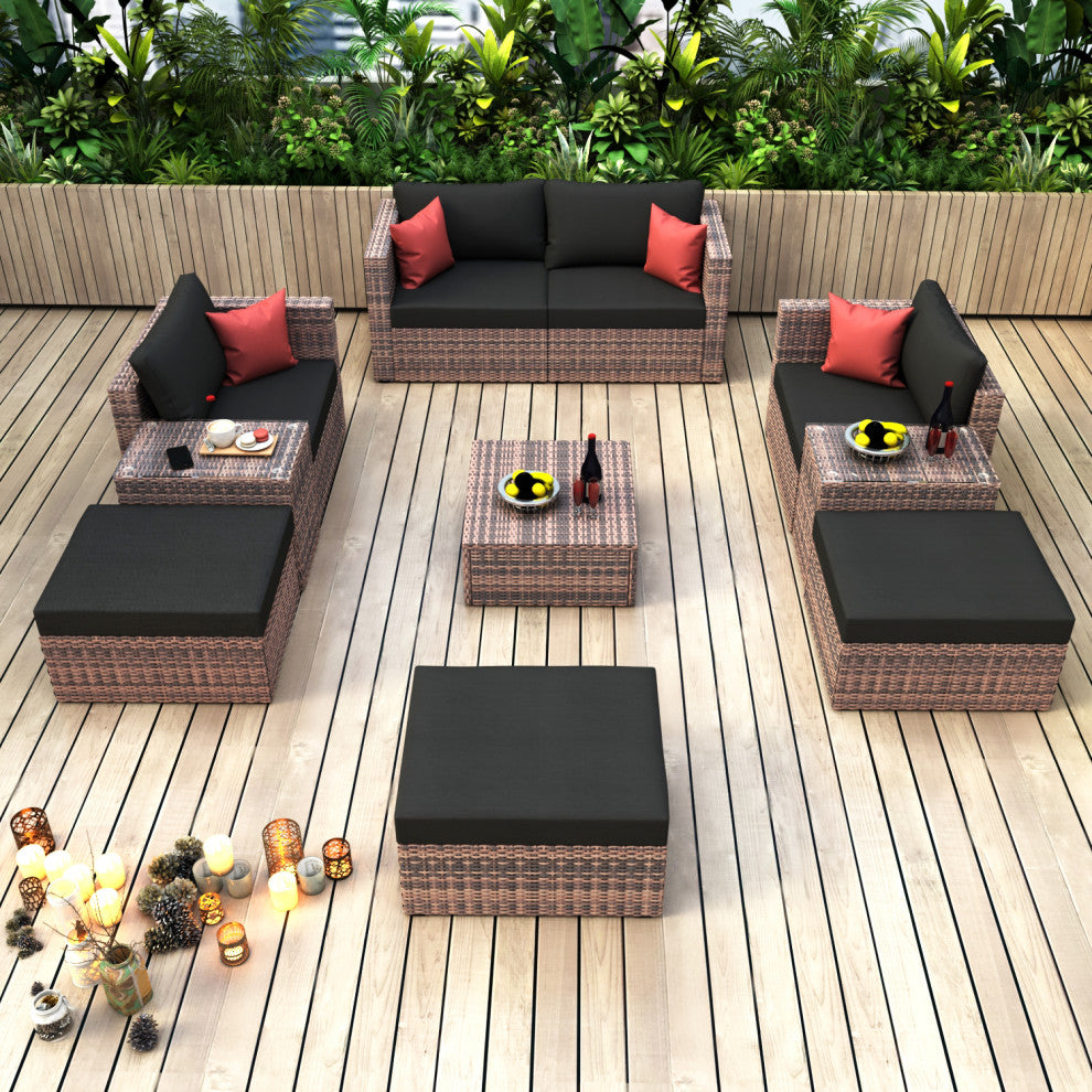 10-Pieces Wide Outdoor Wicker Reversible Patio Sectional With Cushions