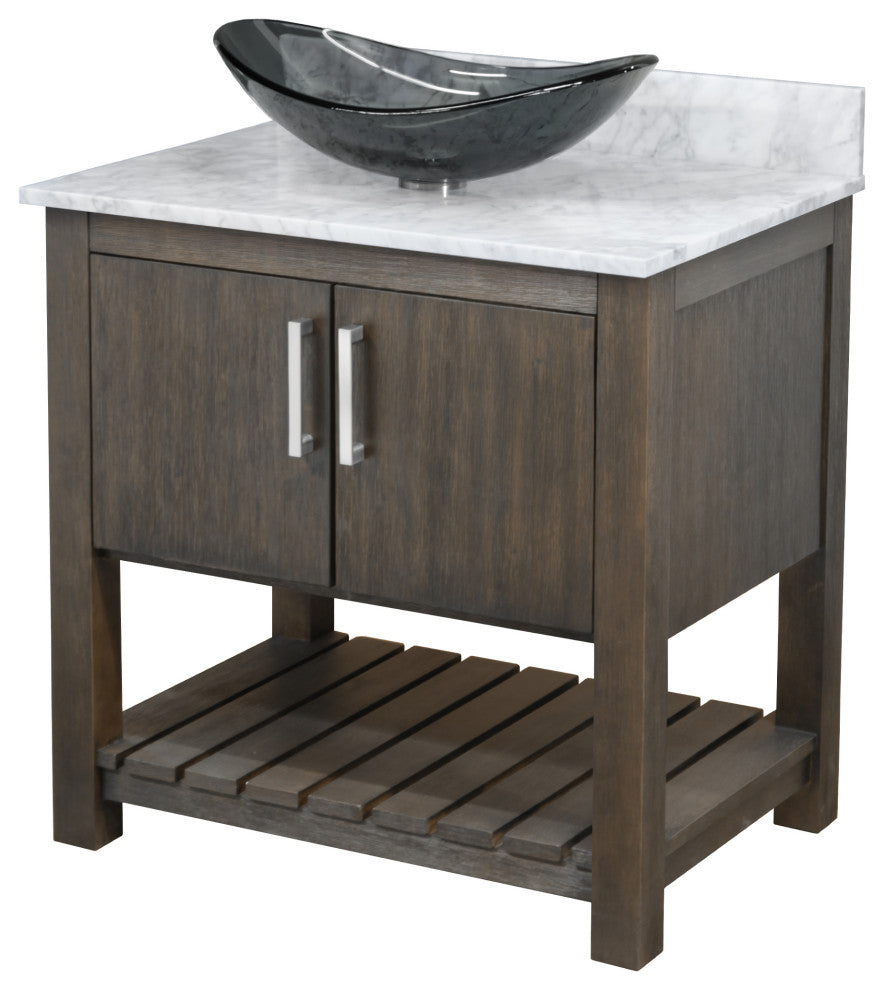 30" Vanity with Carrara White Marble Counter, Drain, Mounting Ring and P-Trap, Brushed Nickel, Without Mirror