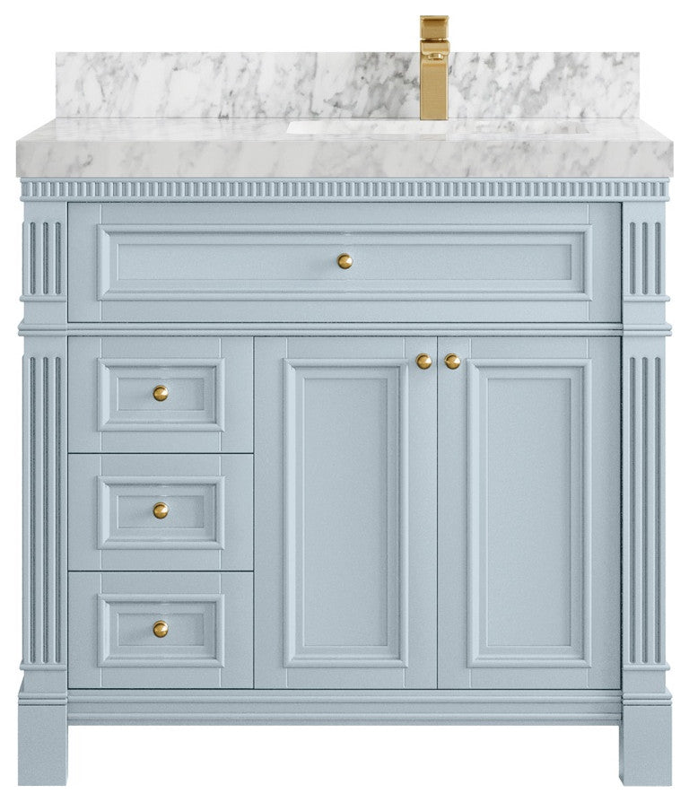 Paris 36" Right Offset Bathroom Vanity, Blue Heather 2" Carrara Marble