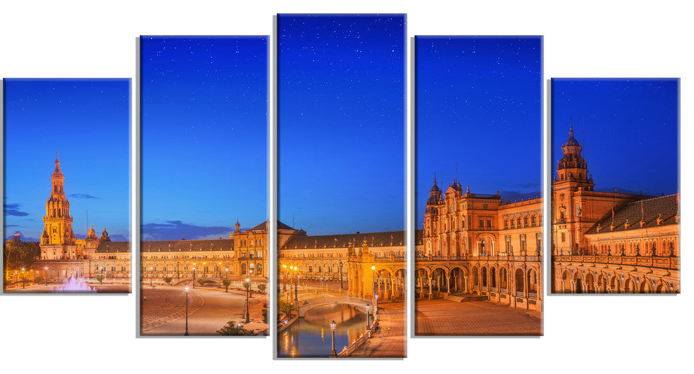 View of Spain Square at Sunset, Cityscape Canvas Art Print, 60"x32", 5 Panels