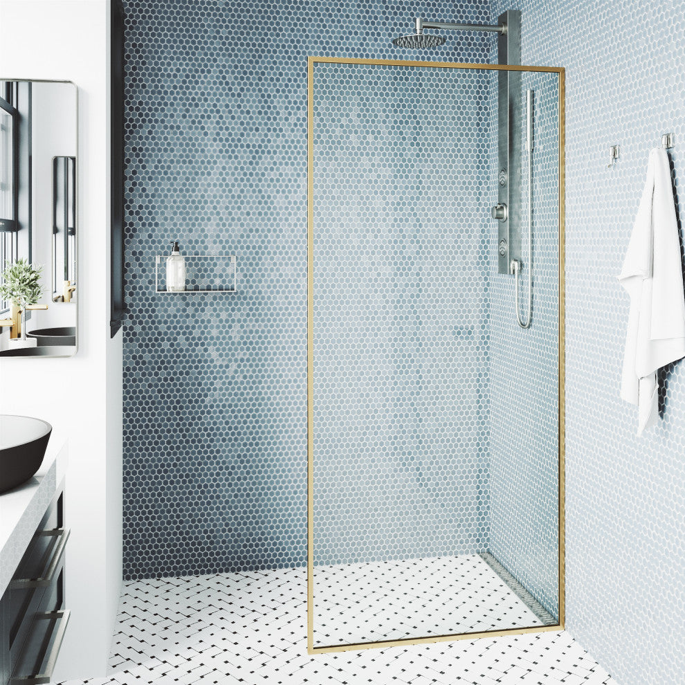VIGO Meridian Framed Fixed, Matte Brushed Gold, Shower Screen, 34" W X 74" H, Clear Glass