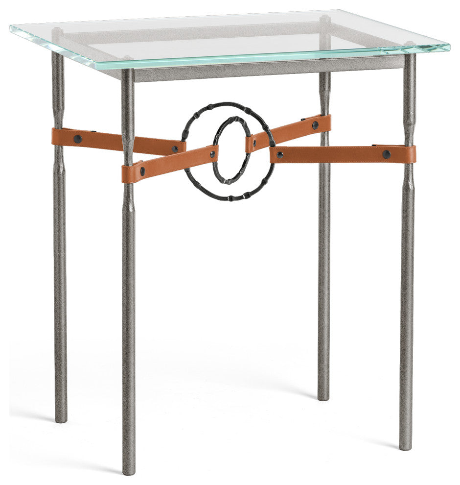 Equus Side Table, Natural Iron Finish, Black Accents, Chestnut Leather Strap