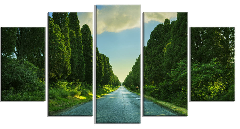 Straight Cypress Trees Boulevard, Modern Landscape Canvas Art, 60"x32", 5 Panels