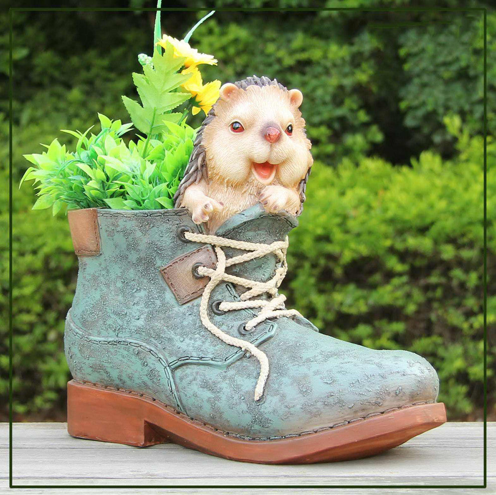 Cute Porcupine Nested in Shoe Flower Pot