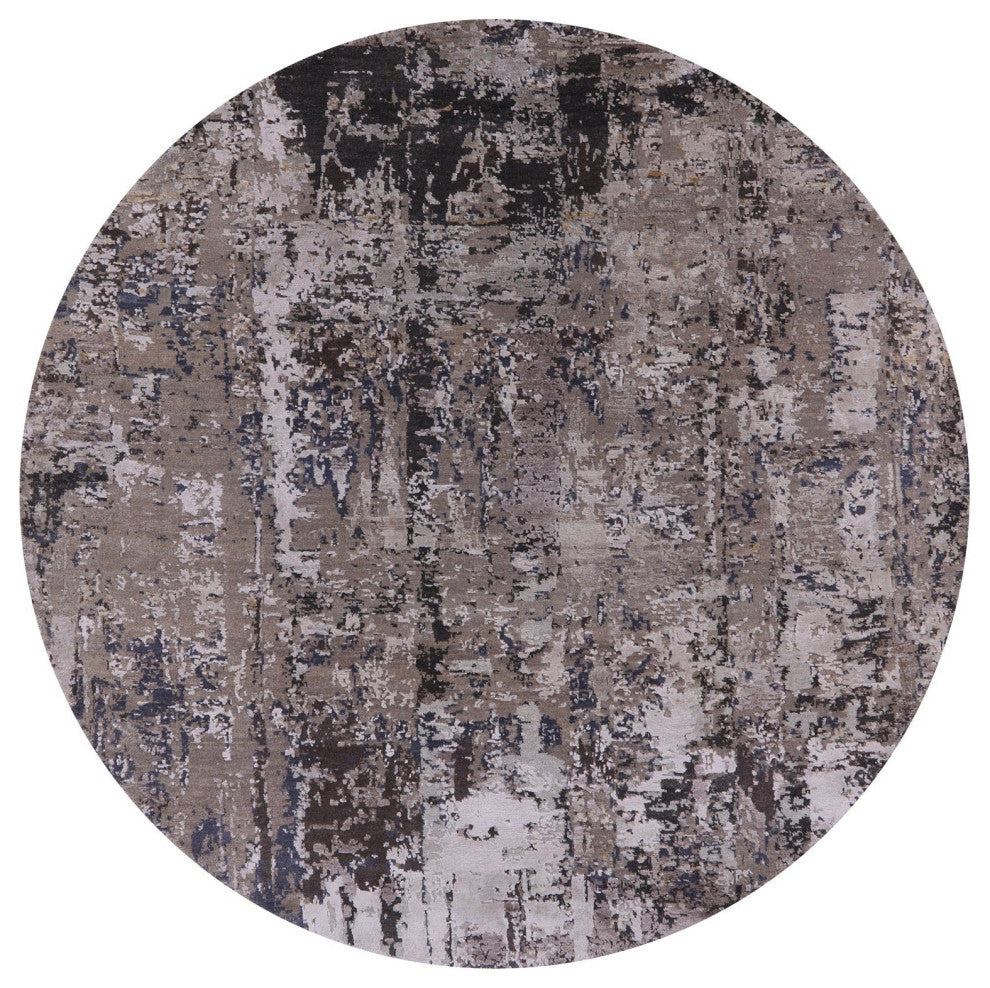6' Round Wool & Silk Abstract Hand-Knotted Rug - Q14870