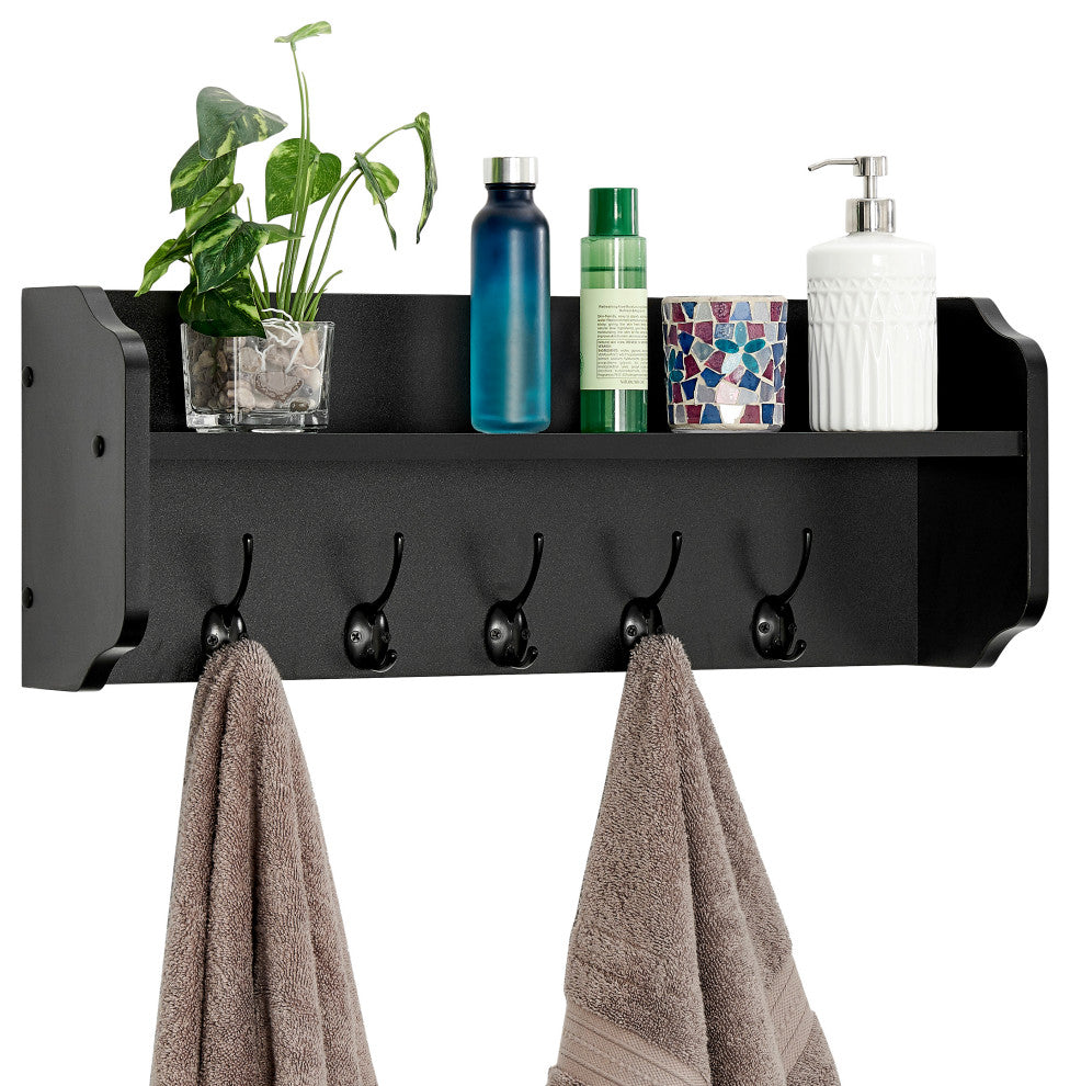 Danya B. Entryway Floating Utility Wall Shelf with Hooks "“ Wall Mounted, Black