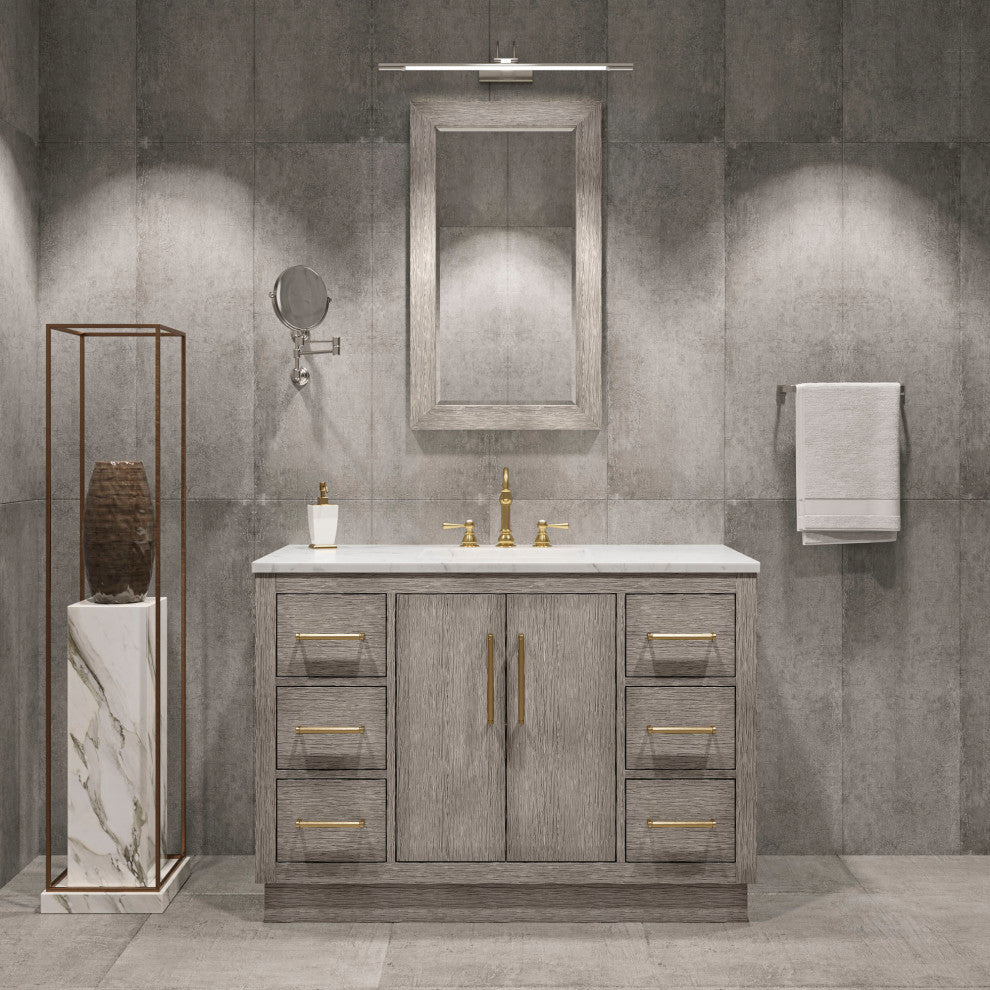 Hugo 48 Single Sink White Marble Countertop Vanity, Gray Oak With Mirror