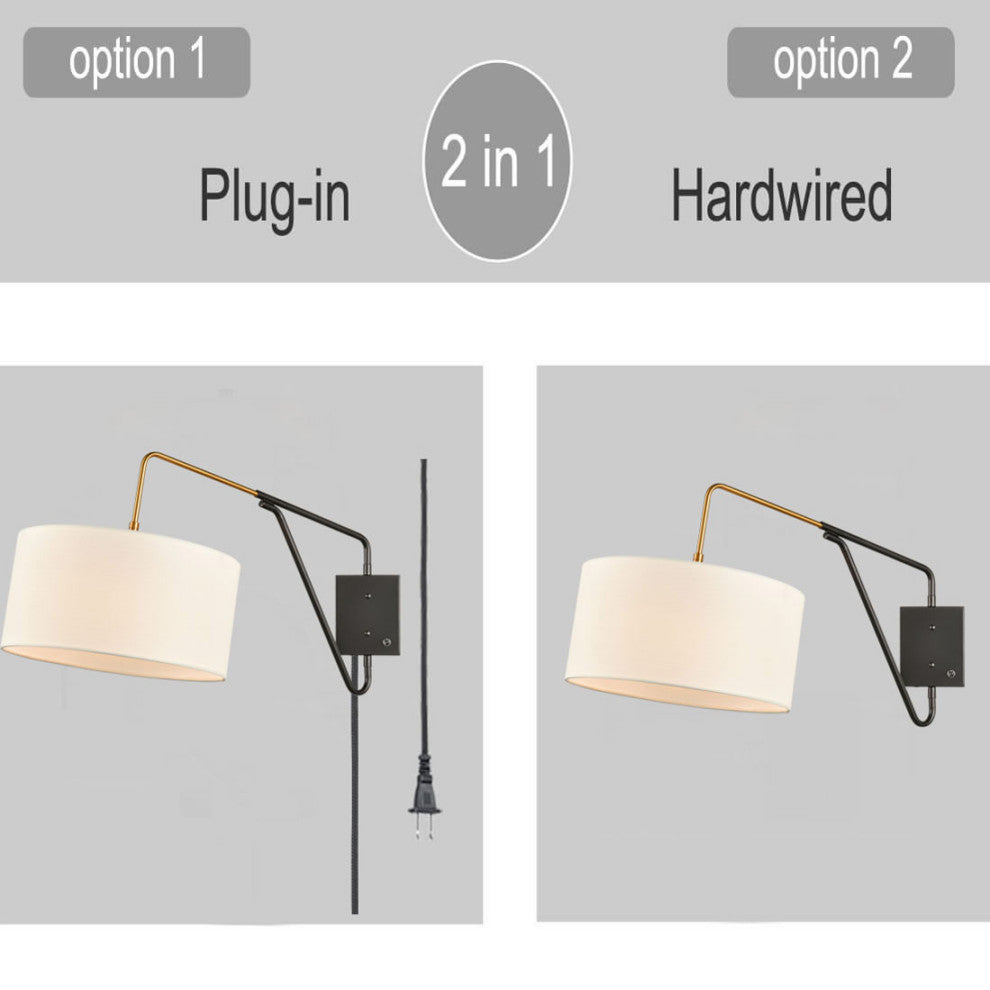 Swing Arm Wall Lamp,Plug in Wall Mount Light with Off-White Fabric Shade