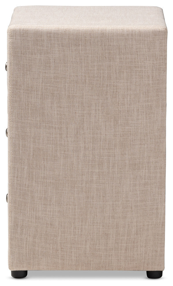Tessa Modern and Contemporary Beige Upholstered 3-Drawer Nightstand
