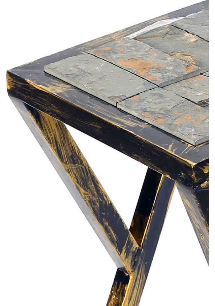 19.5 Inches Stone Top Plant Stand with Geometric Base, Black and Gray