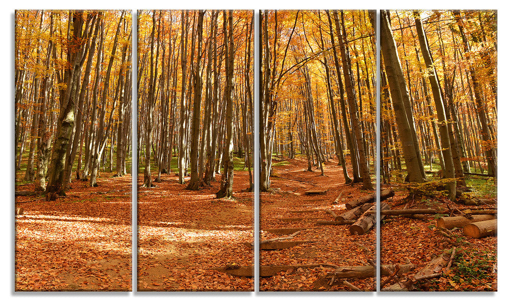 Colorful Fall Forest with Fallen Leaves, Forest Canvas Art, 48"x28", 4 Panels
